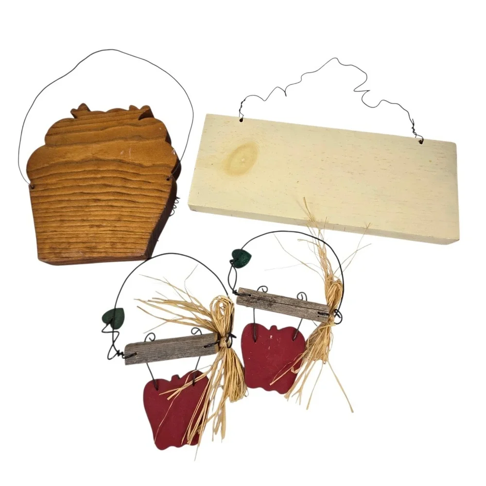 Hand Painted 4 Pc  Wooden Apple Themed Wall Hanging Set Rustic Farmhouse Kitchen